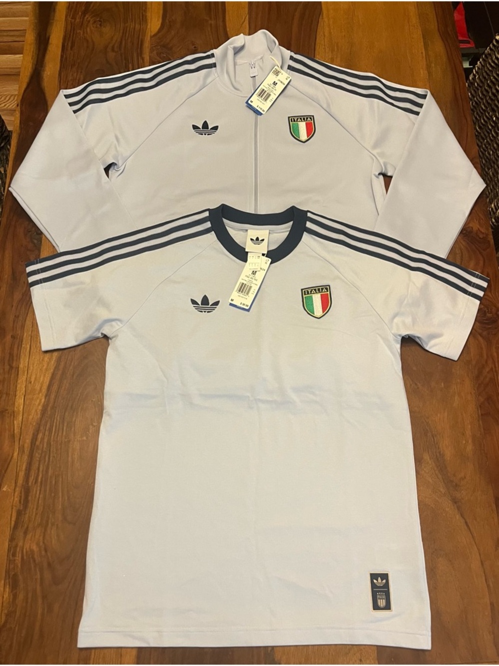 adidas Light Blue Kids Italia Soccer Tee with Navy Stripes